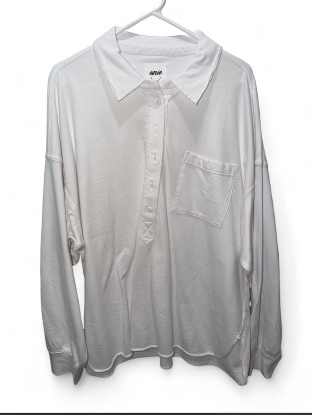 aerie Womens White Long-Sleeve Polo with Chest Pocket